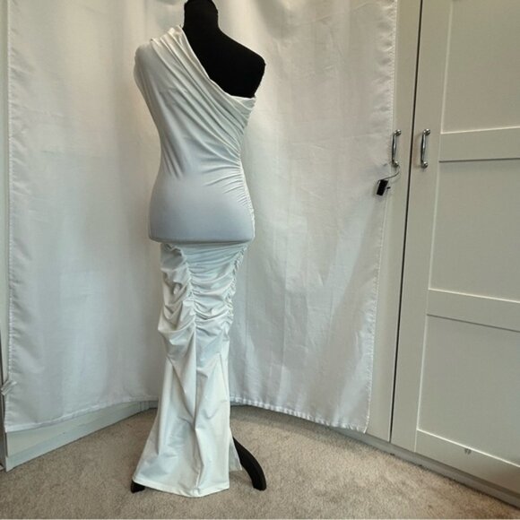 Zara white draped ruched one shoulder asymmetrical bodycon midi dress high slit - Picture 6 of 11